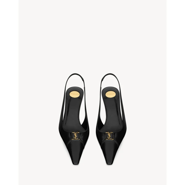 Black Saint Laurent Babylone Breteuil Slingback Pumps in Smooth Leather, Black, 75 mm, view 2 | Heels