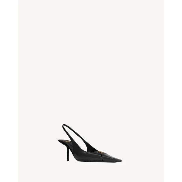Black Saint Laurent Babylone Breteuil Slingback Pumps in Smooth Leather, Black, 75 mm, view 3 | Heels