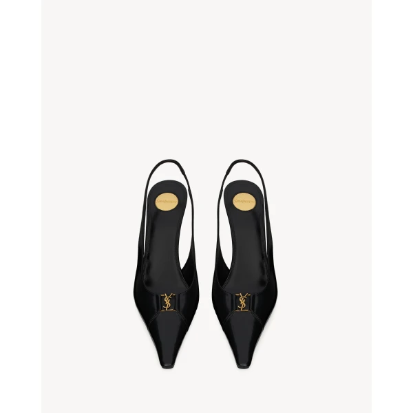 Black Saint Laurent Babylone Breteuil Slingback Pumps in Smooth Leather, Black, 90 mm, view 2 | Heels