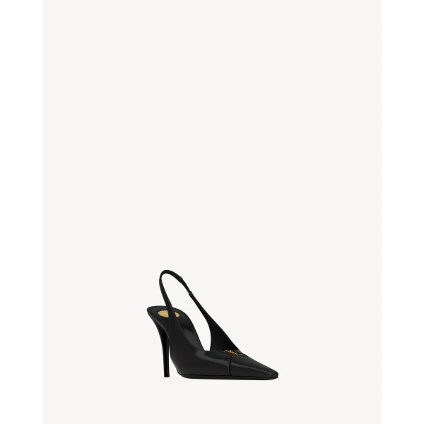 Black Saint Laurent Babylone Breteuil Slingback Pumps in Smooth Leather, Black, 90 mm, view 3 | Heels