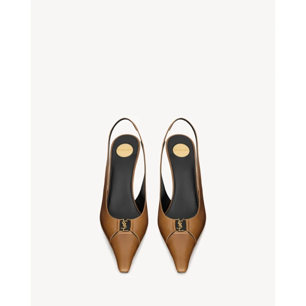 Beige Saint Laurent Babylone Breteuil Slingback Pumps in Smooth Leather, Macadamia, 90 mm, view 2 | Heels