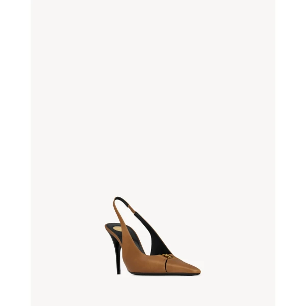Beige Saint Laurent Babylone Breteuil Slingback Pumps in Smooth Leather, Macadamia, 90 mm, view 3 | Heels
