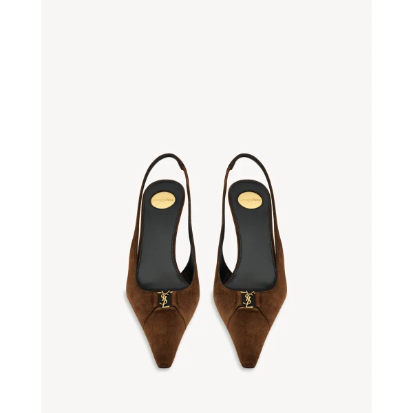 Brown Saint Laurent Babylone Breteuil Slingback Pumps in Suede, view 2 | Heels