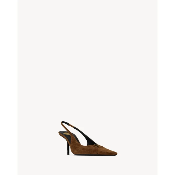 Brown Saint Laurent Babylone Breteuil Slingback Pumps in Suede, view 3 | Heels