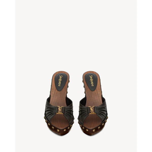 Brown Saint Laurent Babylone Clogs in Smooth Leather, view 2 | Sandals