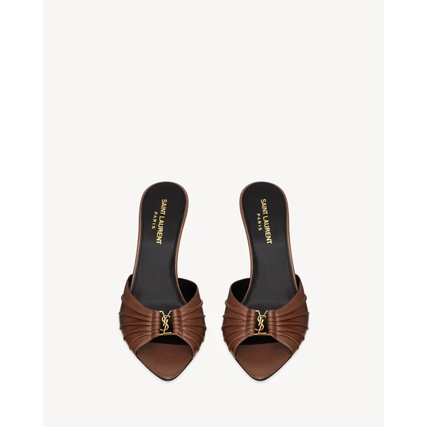 Brown Saint Laurent Babylone Mules in Smooth Leather, Aesthetic Brown, view 2 | Mules