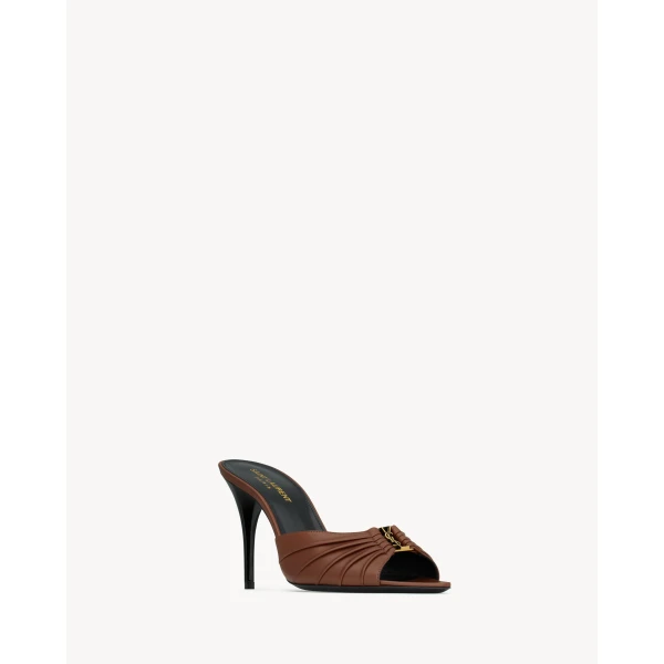 Brown Saint Laurent Babylone Mules in Smooth Leather, Aesthetic Brown, view 3 | Mules