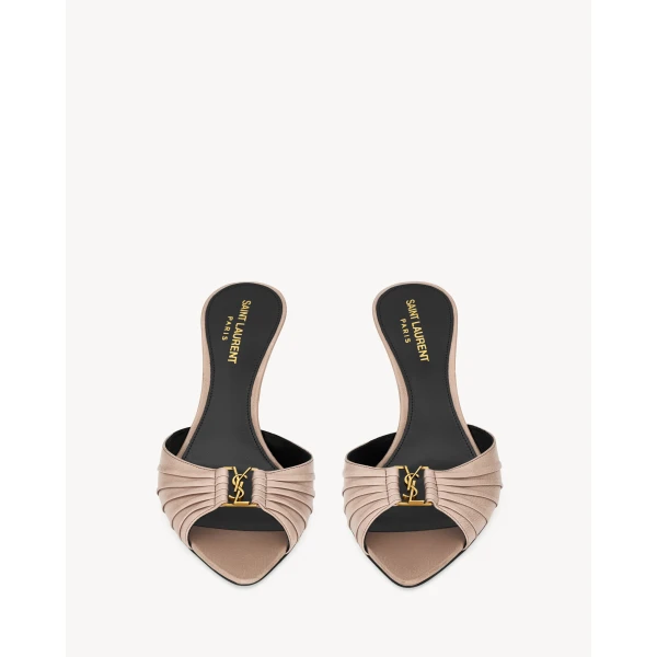 Beige Saint Laurent Babylone Mules in Smooth Leather, Nude, view 2 | Mules