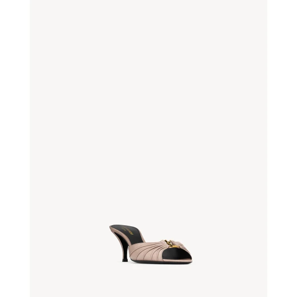 Beige Saint Laurent Babylone Mules in Smooth Leather, Nude, view 3 | Mules