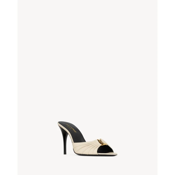 White Saint Laurent Babylone Mules in Smooth Leather, White, view 3 | Mules