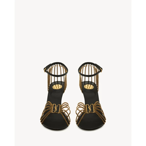 Black Saint Laurent Babylone Sandals in Smooth Leather and Metal, view 2 | Sandals