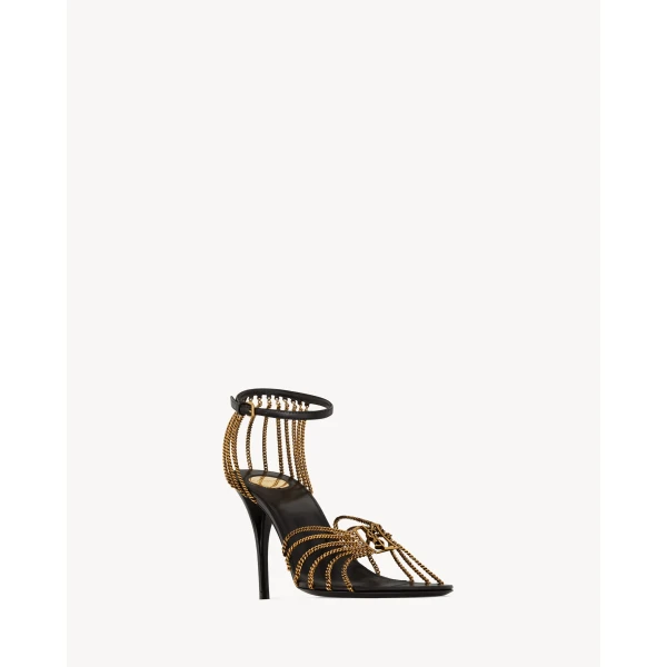 Black Saint Laurent Babylone Sandals in Smooth Leather and Metal, view 3 | Sandals