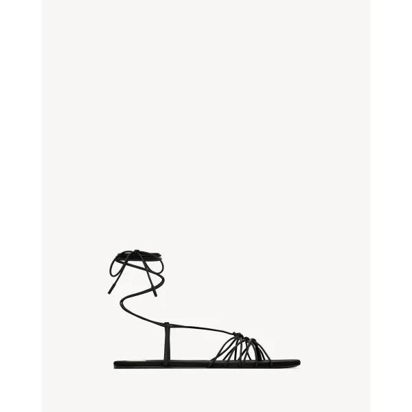 Black Saint Laurent Babylone Sandals with Laces in Smooth Leather, view 2 | Sandals