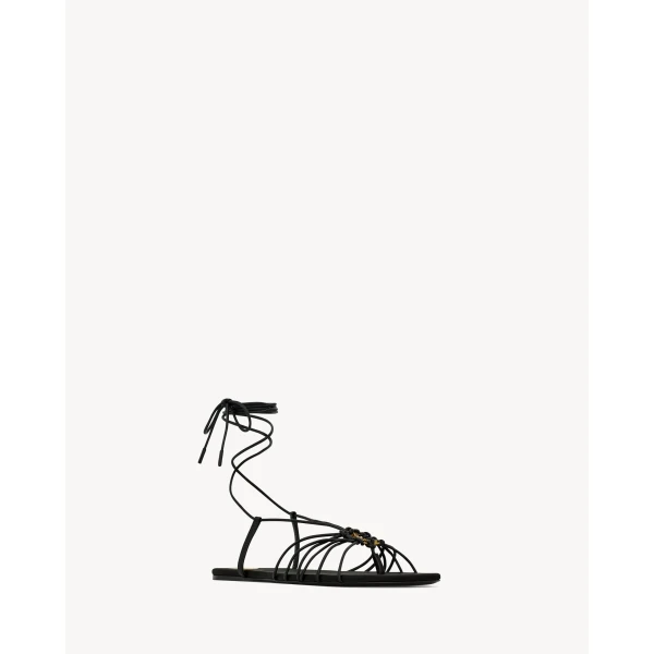 Black Saint Laurent Babylone Sandals with Laces in Smooth Leather, view 3 | Sandals