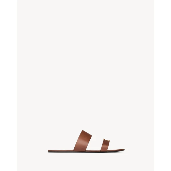 Brown Saint Laurent Babylone Slides in Smooth Leather, view 2 | Flip Flops & Slides