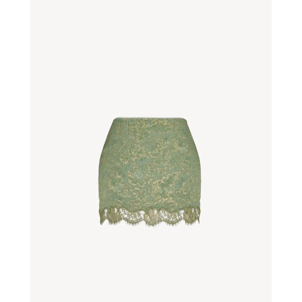 Green Saint Laurent Baroque Mini Skirt in Jacquard and Lace, Celadon Gold, view 3 | Mini Skirts