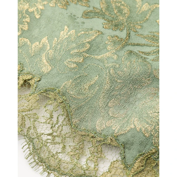 Green Saint Laurent Baroque Mini Skirt in Jacquard and Lace, Celadon Gold, view 4 | Mini Skirts