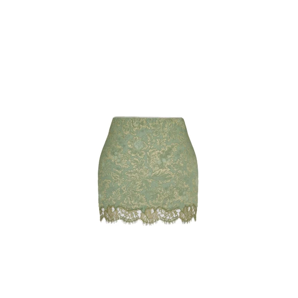 Green Saint Laurent Baroque Mini Skirt in Jacquard and Lace, Celadon Gold | Mini Skirts