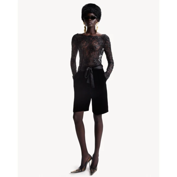 Black Saint Laurent Bermuda Shorts in Velvet, view 2 | Tailored pants