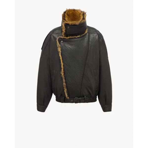 Multicolour Saint Laurent Bomber Jacket in Bubbled Lambskin and Shearling, view 3 | Shearling Jackets