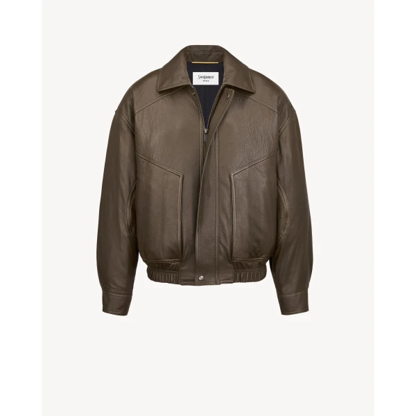Green Saint Laurent Bomber Jacket in Grained Lambskin, Kaki Fonce, view 2 | Leather Jackets