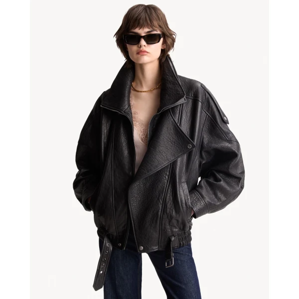 Black Saint Laurent Bomber Jacket in Lambskin, Black, view 2 | Leather Jackets