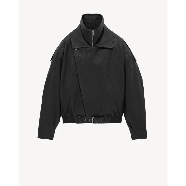 Black Saint Laurent Bomber Jacket in Lambskin, Black, view 3 | Leather Jackets
