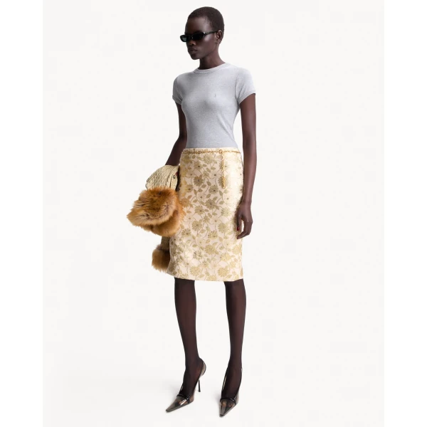 Beige Saint Laurent Brocade Midi Skirt, view 2 | Midi Skirts