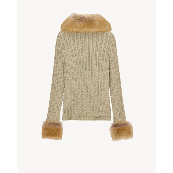 Multicolour Saint Laurent Cable-Knit Cardigan in Lurex and Shearling, view 2 | Cardigan