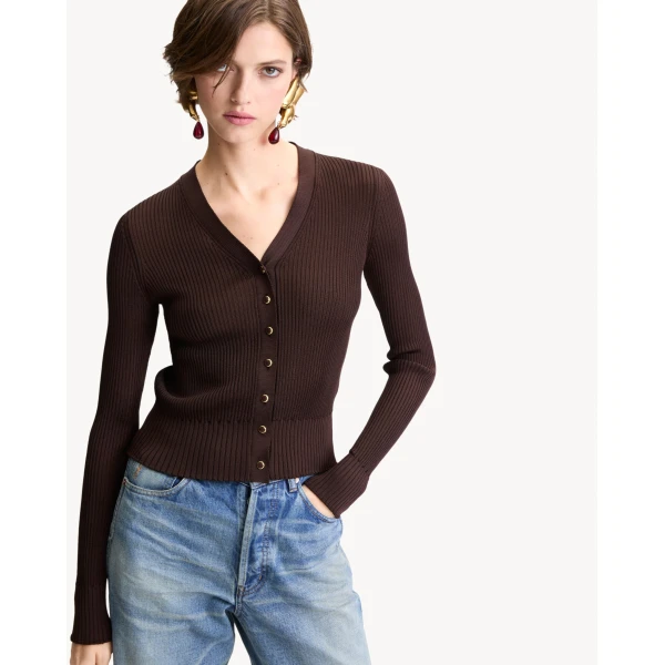 Beige Saint Laurent Cardigan in Ribbed Knit, Brun, view 2 | Cardigan