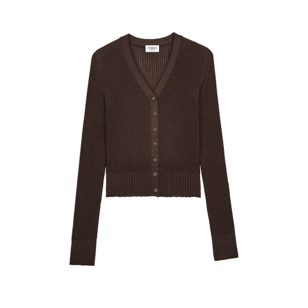 Cardigan in Ribbed Knit, Brun