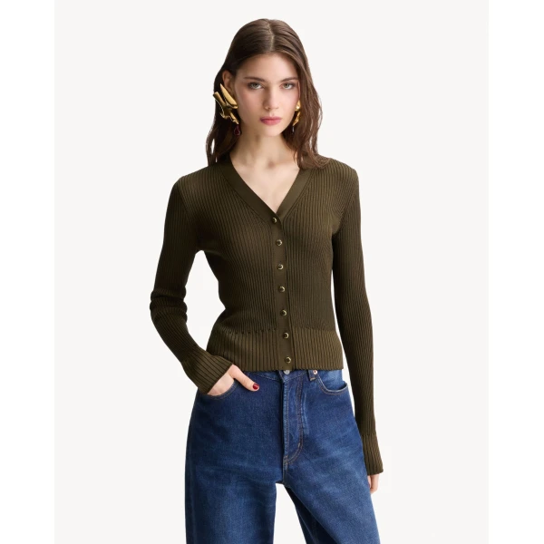 Green Saint Laurent Cardigan in Ribbed Knit, Kaki Fonce, view 2 | Cardigan