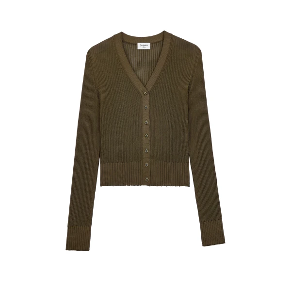 Cardigan in Ribbed Knit, Kaki Fonce