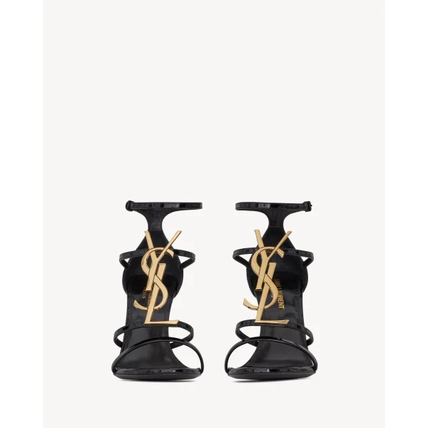 Black Saint Laurent Cassandra Sandals in Patent Leather, Black, 100 mm, view 2 | Sandals