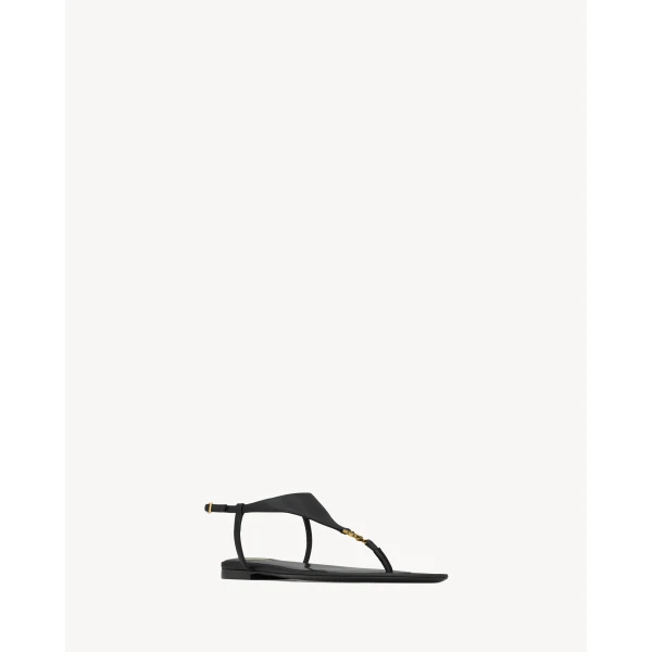 Black Saint Laurent Cassandra Sandals in Smooth Leather, Black, Spring Summer 2026, view 3 | Sandals