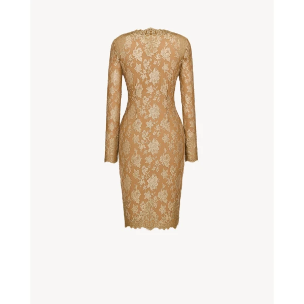 Metallic Saint Laurent Cassandre Buttoned Lace Midi Dress, view 3 | Midi Dresses