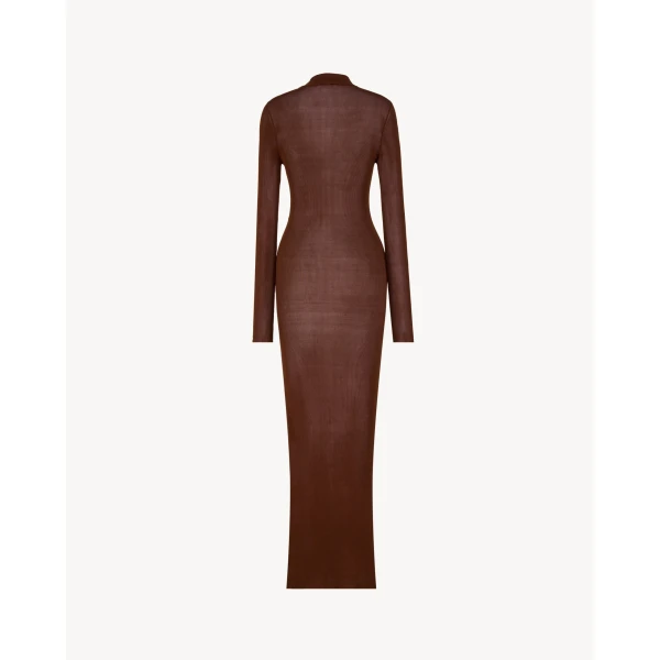 Beige Saint Laurent Cassandre Collar Dress in Rib-Knit Silk, Chocolat, view 2 | Dresses
