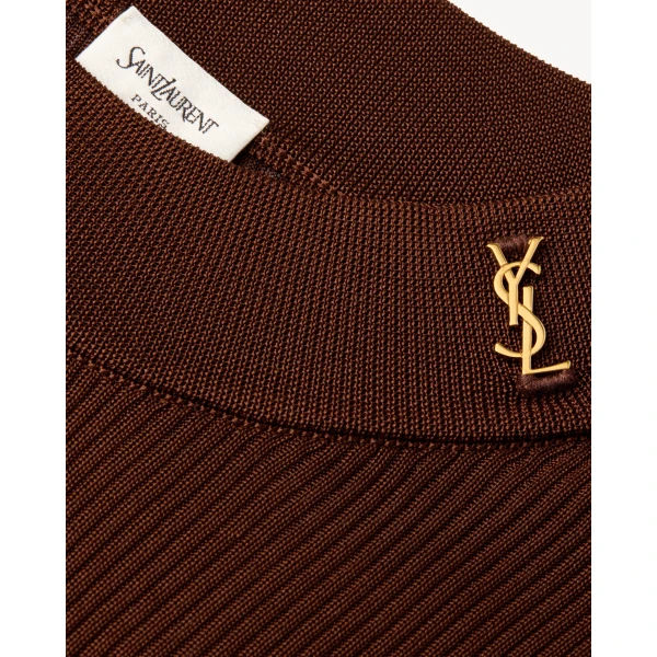 Beige Saint Laurent Cassandre Collar Dress in Rib-Knit Silk, Chocolat, view 3 | Dresses