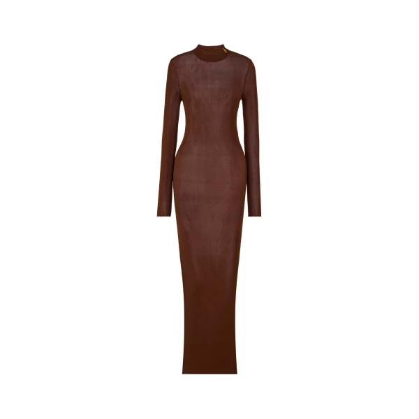 Beige Saint Laurent Cassandre Collar Dress in Rib-Knit Silk, Chocolat | Dresses