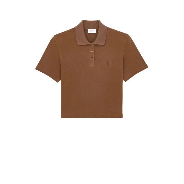 Beige Saint Laurent Cassandre Cropped Polo in Cotton Piqué | Short Sleeved