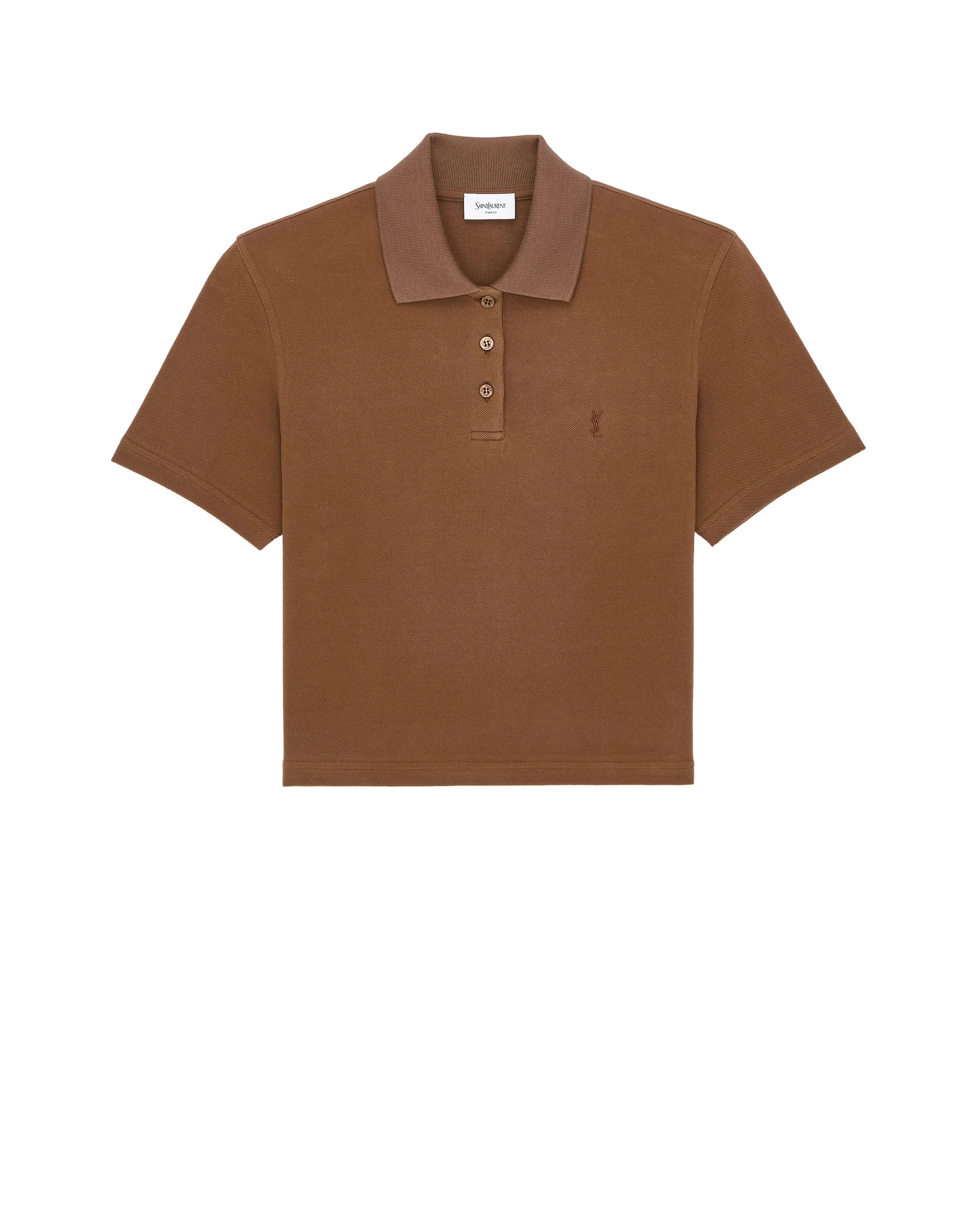 Saint Laurent Cassandre Cropped Polo in Cotton Piqué Beige Saint Laurent Cassandre Cropped Polo in Cotton Piqué | Short Sleeved