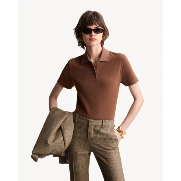 Beige Saint Laurent Cassandre Cropped Polo in Cotton Piqué, view 2 | Short Sleeved