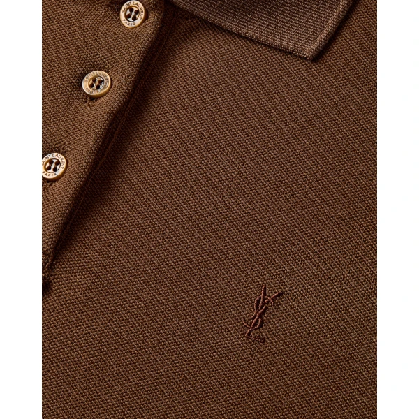 Beige Saint Laurent Cassandre Cropped Polo in Cotton Piqué, view 3 | Short Sleeved