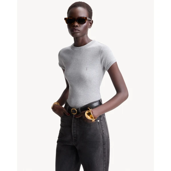 Beige Saint Laurent Cassandre Fitted T-Shirt, view 2 | T-shirts