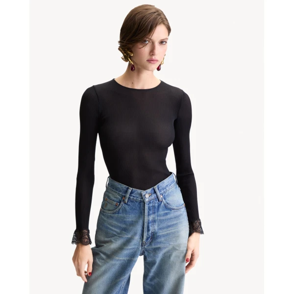 Black Saint Laurent Cassandre Lace-Cuff Top in Ribbed Silk Jersey, view 2 | Lace