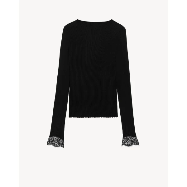 Black Saint Laurent Cassandre Lace-Cuff Top in Ribbed Silk Jersey, view 3 | Lace