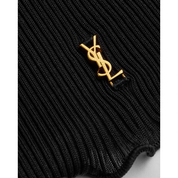 Black Saint Laurent Cassandre Lace-Cuff Top in Ribbed Silk Jersey, view 4 | Lace