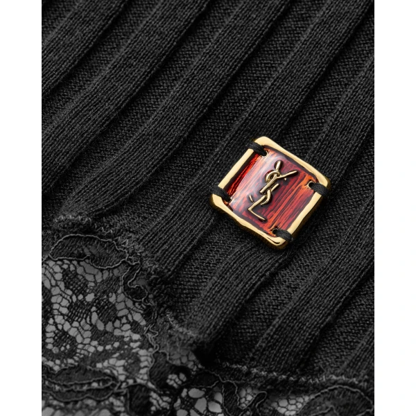 Black Saint Laurent Cassandre Laced Top in Ribbed Wool, Cashmere, and Silk, view 4 | Tops