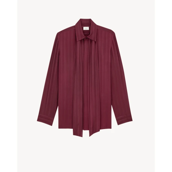 Red Saint Laurent Cassandre Lavallière Blouse in Striped Silk Jacquard, view 3 | Blouse