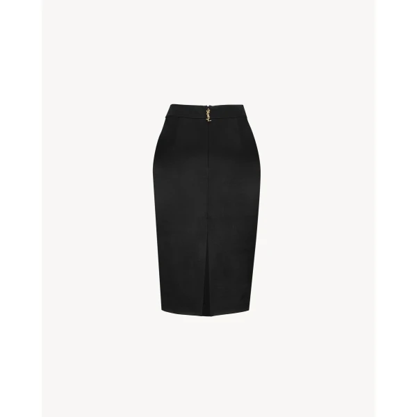 Black Saint Laurent Cassandre Pencil Skirt in Padded Satin, view 2 | Pencil Skirts